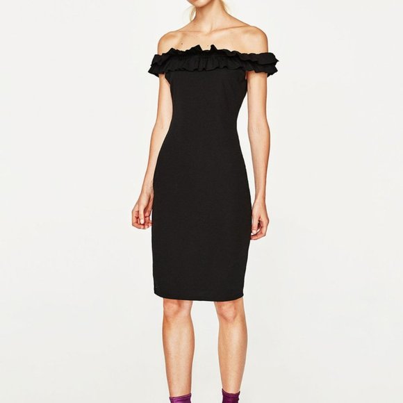 NWOT ZARA BLACK OFF SHOULDER RUFFLE BODYCON DRESS - Picture 1 of 8